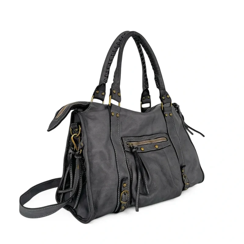 Sac à main en cuir vintage MISS STORM Gris foncé