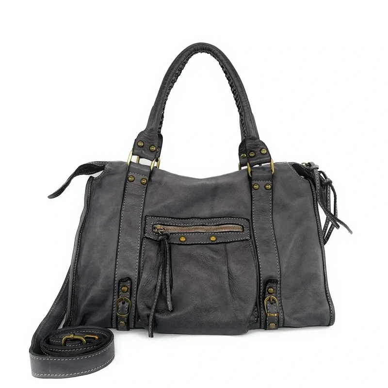 Sac à main en cuir vintage MISS STORM Gris foncé