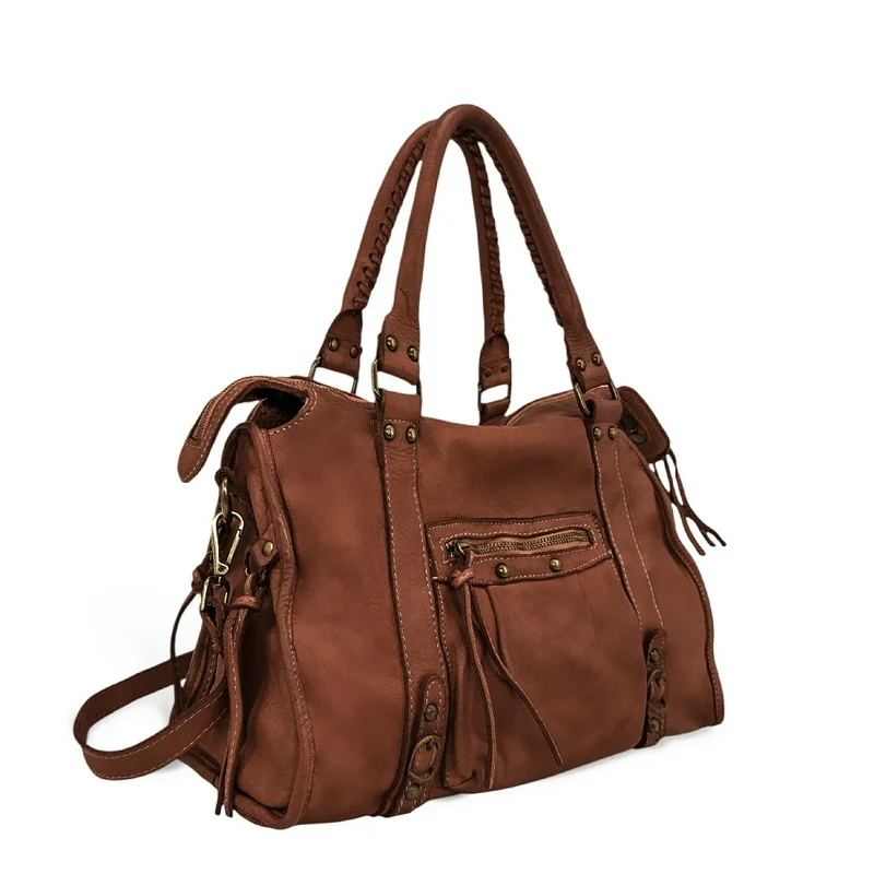 Sac à main en cuir vintage MISS STORM Marron Cognac