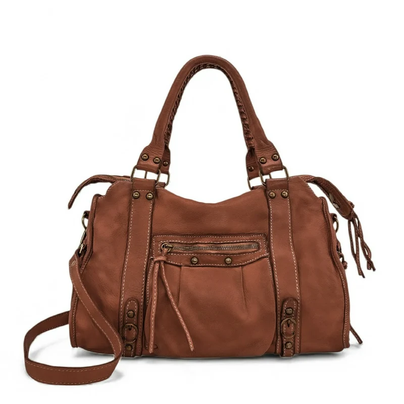 Sac à main en cuir vintage MISS STORM Marron Cognac