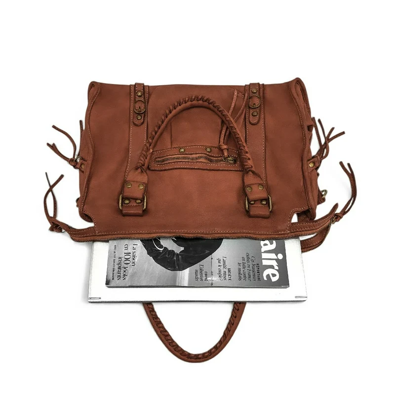 Sac à main en cuir vintage MISS STORM Marron Cognac