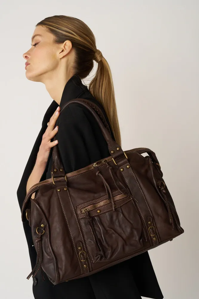Sac à main en cuir vintage MISS STORM Chocolat