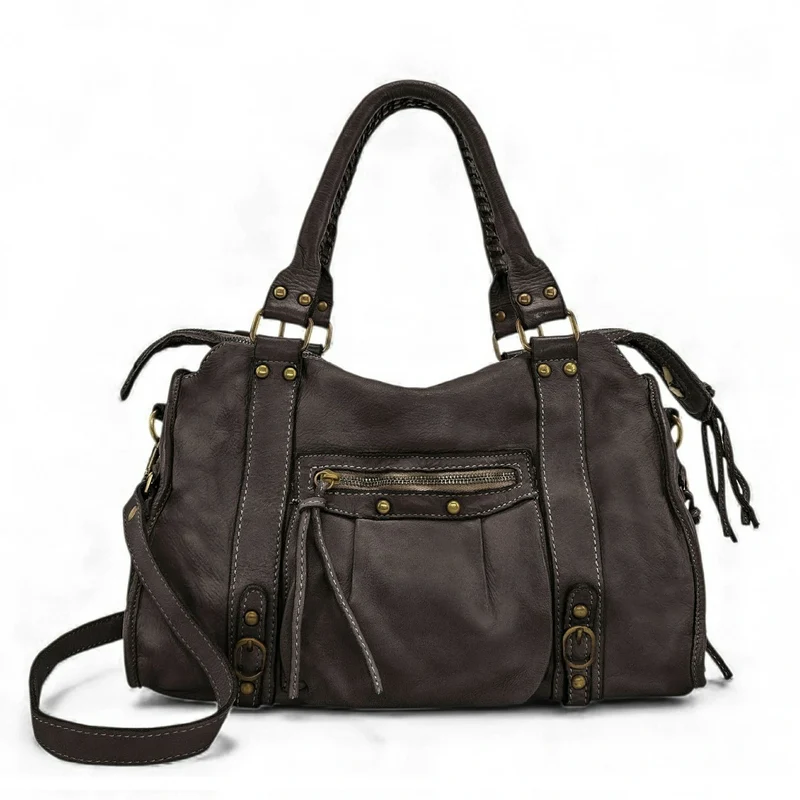 Sac à main en cuir vintage MISS STORM Chocolat