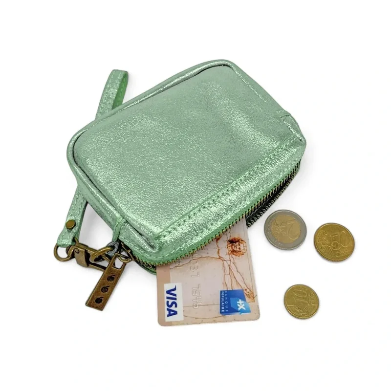 Porte-monnaie avec dragonne en cuir irisé CATCHY Menthe givrée