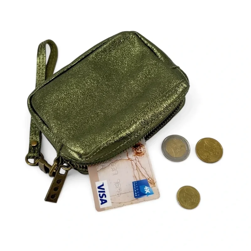 Porte-monnaie avec dragonne en cuir irisé CATCHY Vert kaki irisé