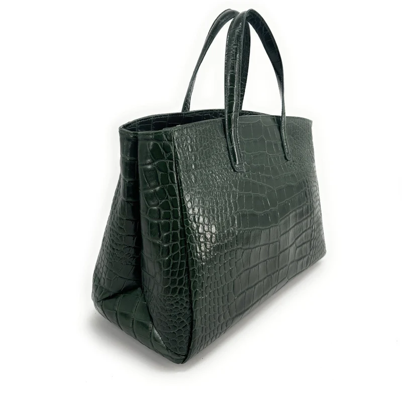 Sac cabas en cuir verni façon croco BE LADY Vert forêt