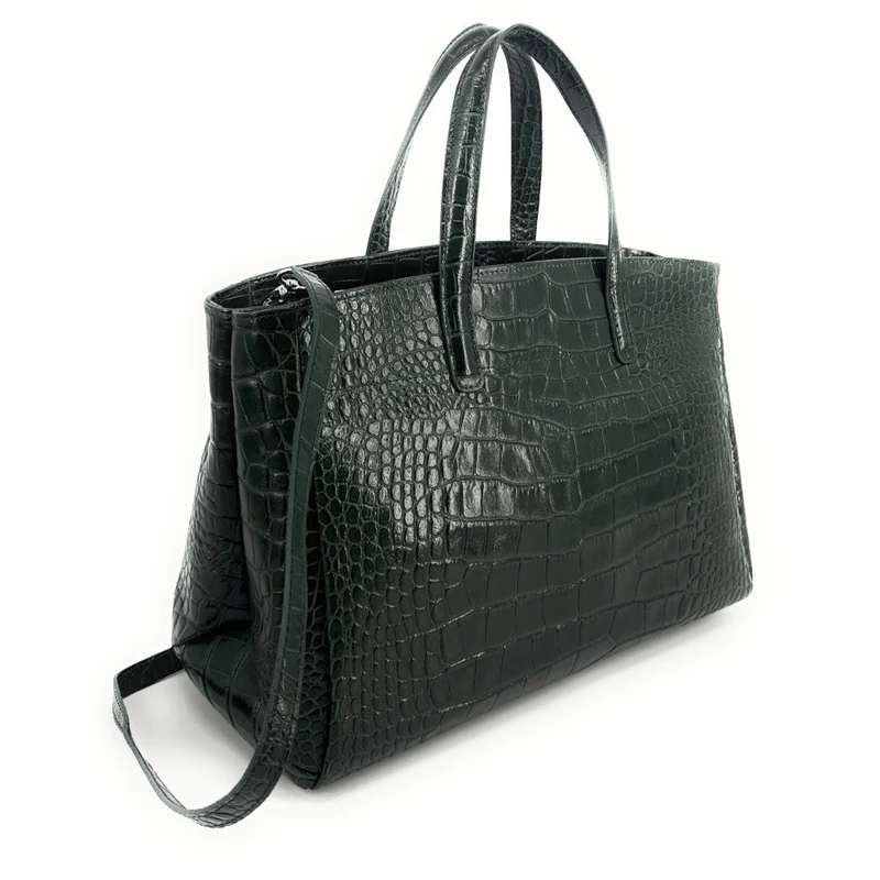 Sac cabas en cuir verni façon croco BE LADY Vert forêt