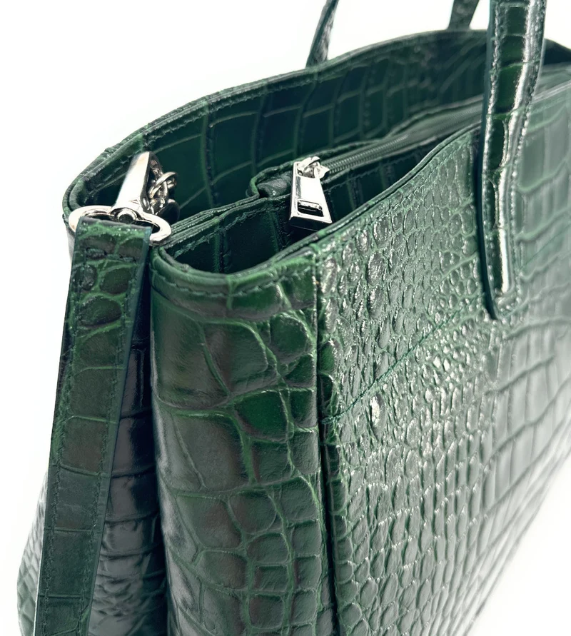 Sac cabas en cuir verni façon croco BE LADY Vert forêt
