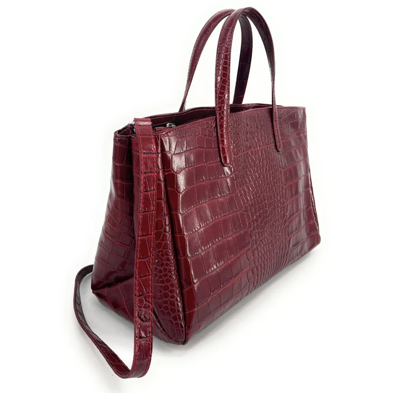 Sac cabas en cuir verni façon croco BE LADY Rouge foncé