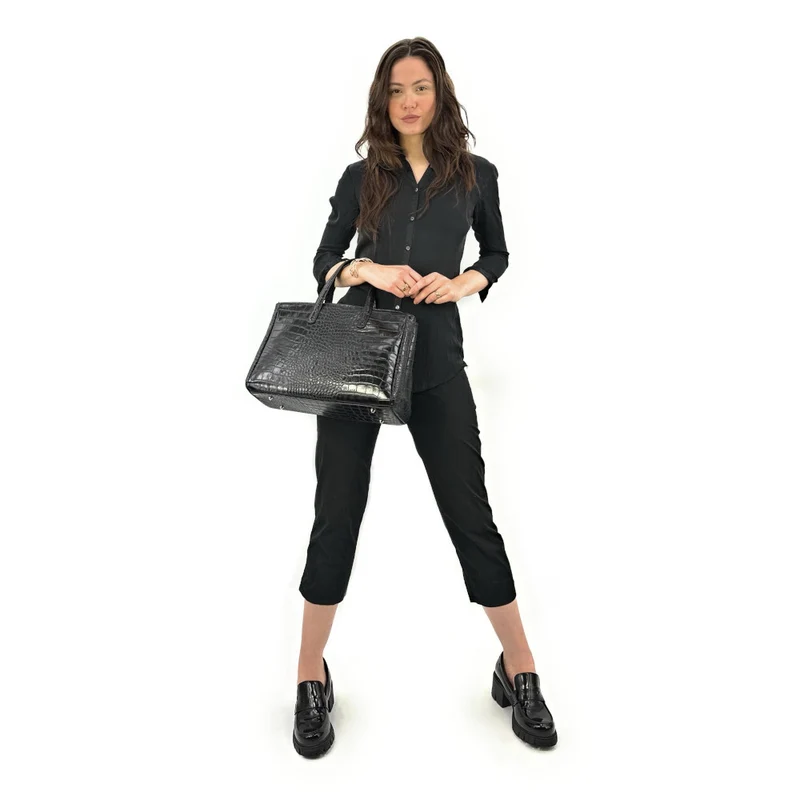 Sac cabas en cuir verni façon croco BE LADY Noir