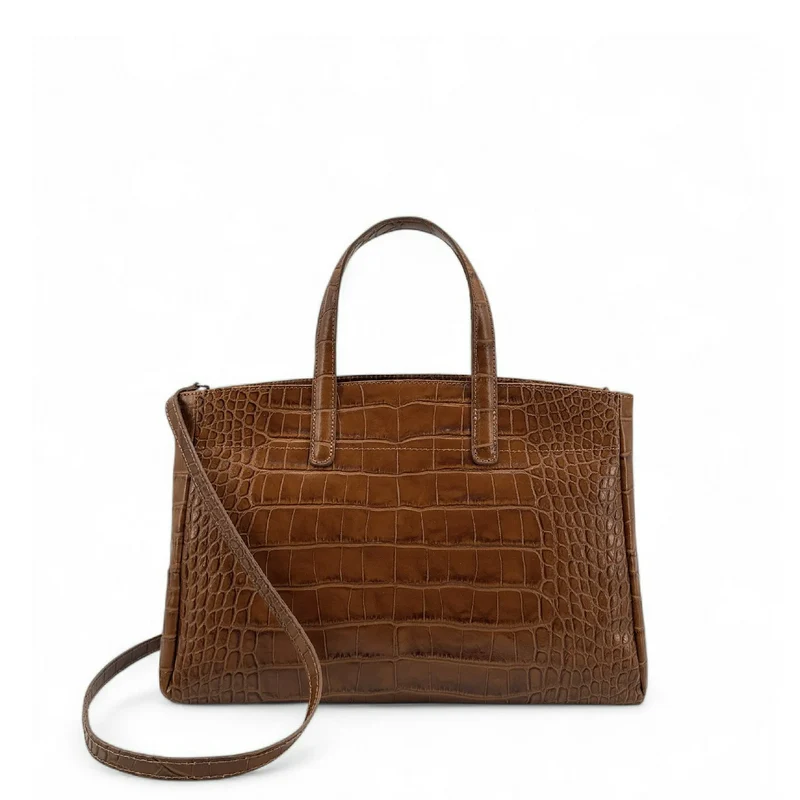 Sac cabas en cuir verni façon croco BE LADY Camel foncé
