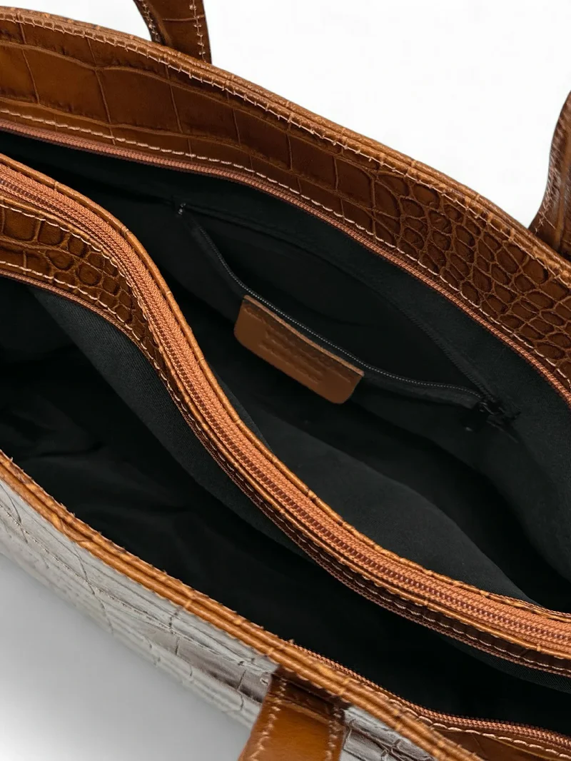 Sac cabas en cuir verni façon croco BE LADY Camel foncé