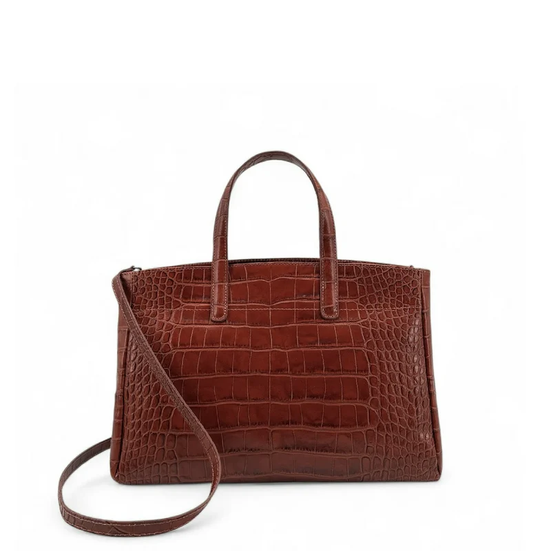 Sac cabas en cuir verni façon croco BE LADY Cognac foncé