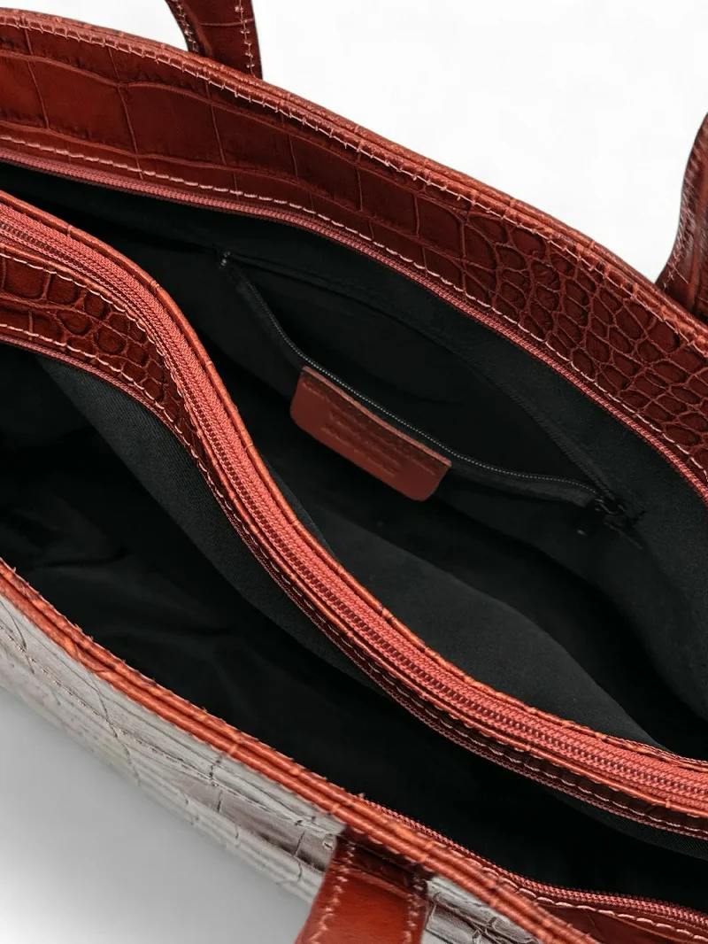 Sac cabas en cuir verni façon croco BE LADY Cognac foncé