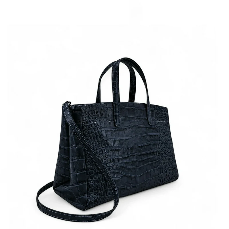 Sac cabas en cuir verni façon croco BE LADY Bleu marine