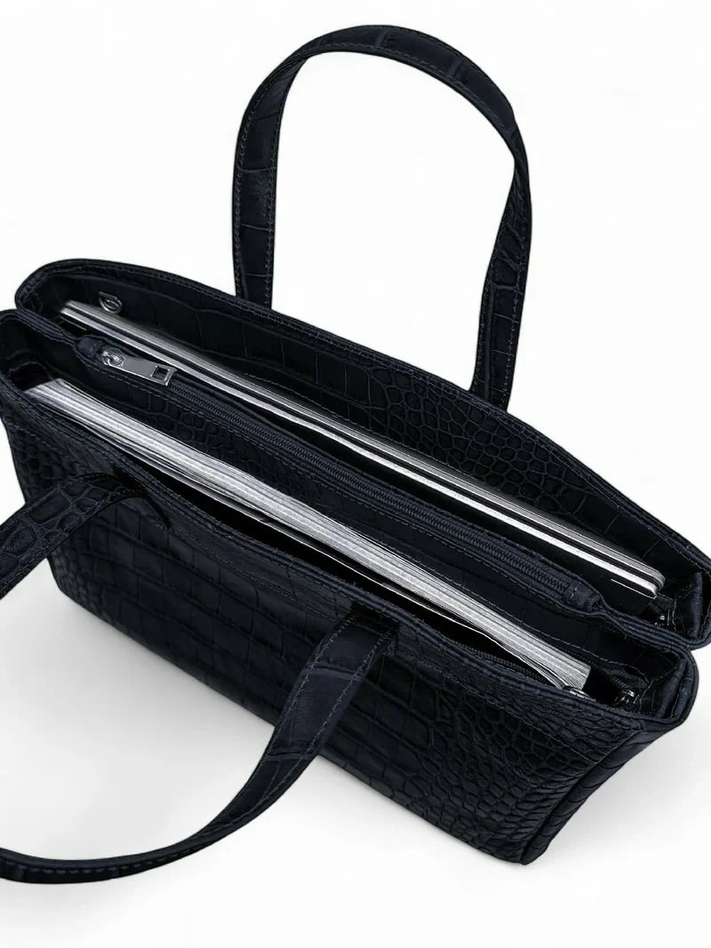 Sac cabas en cuir verni façon croco BE LADY Bleu marine