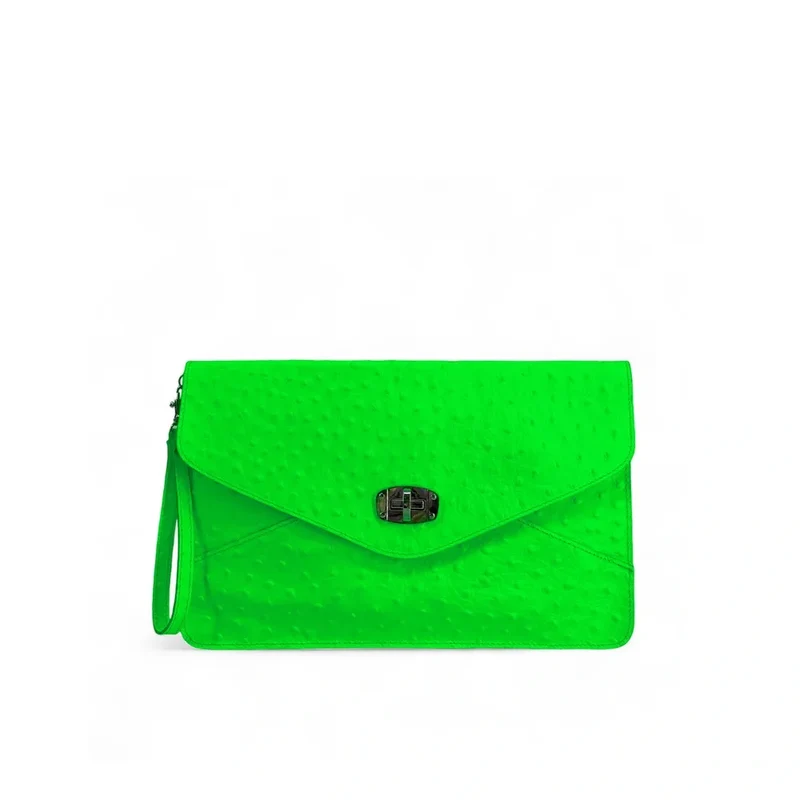 Pochette XL en cuir néon façon autruche IBIZA ROCKS Vert fluo