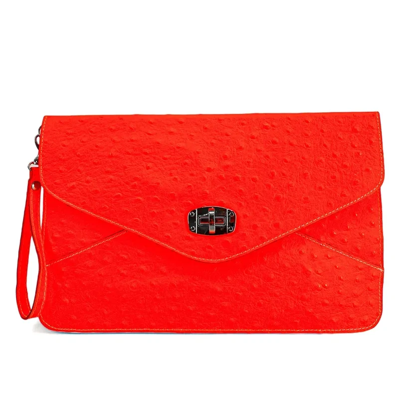 Pochette XL en cuir néon façon autruche IBIZA ROCKS Rose fluo