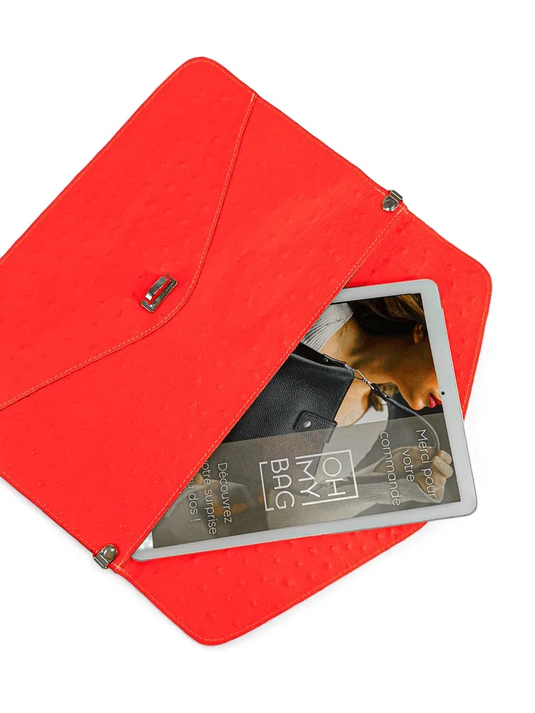 Pochette XL en cuir néon façon autruche IBIZA ROCKS Rose fluo