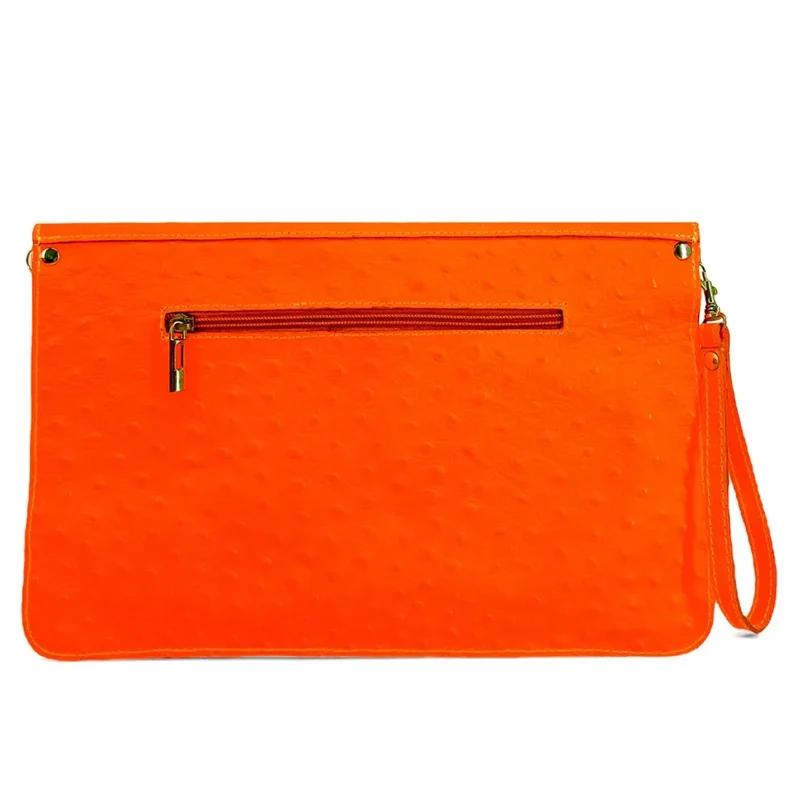 Pochette XL en cuir néon façon autruche IBIZA ROCKS Orange fluo