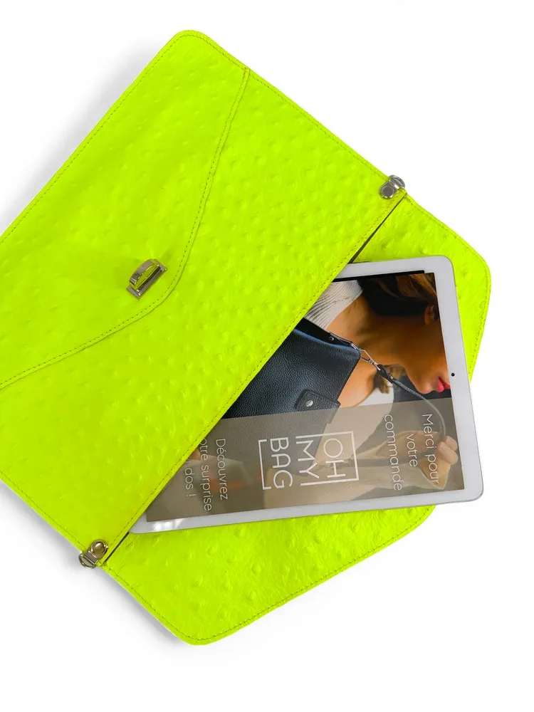 Pochette XL en cuir néon façon autruche IBIZA ROCKS Jaune fluo