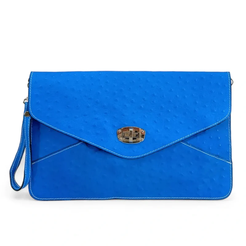 Pochette XL en cuir néon façon autruche IBIZA ROCKS Bleu fluo