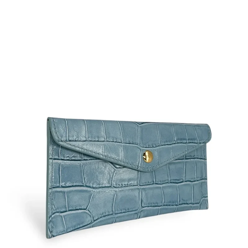 Pochette enveloppe en cuir façon crocodile CLOE CROCO Bleu glacier