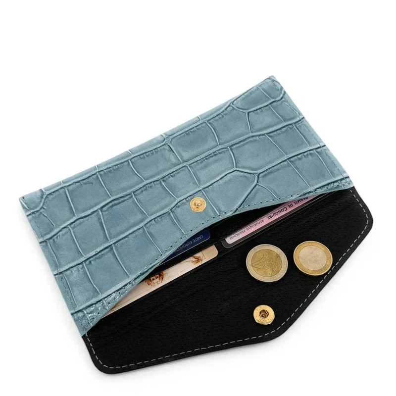 Pochette enveloppe en cuir façon crocodile CLOE CROCO Bleu glacier