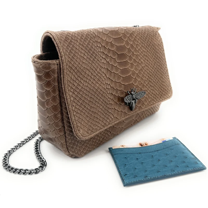 Sac bandoulière en cuir embossé effet serpent HONEY Taupe foncé