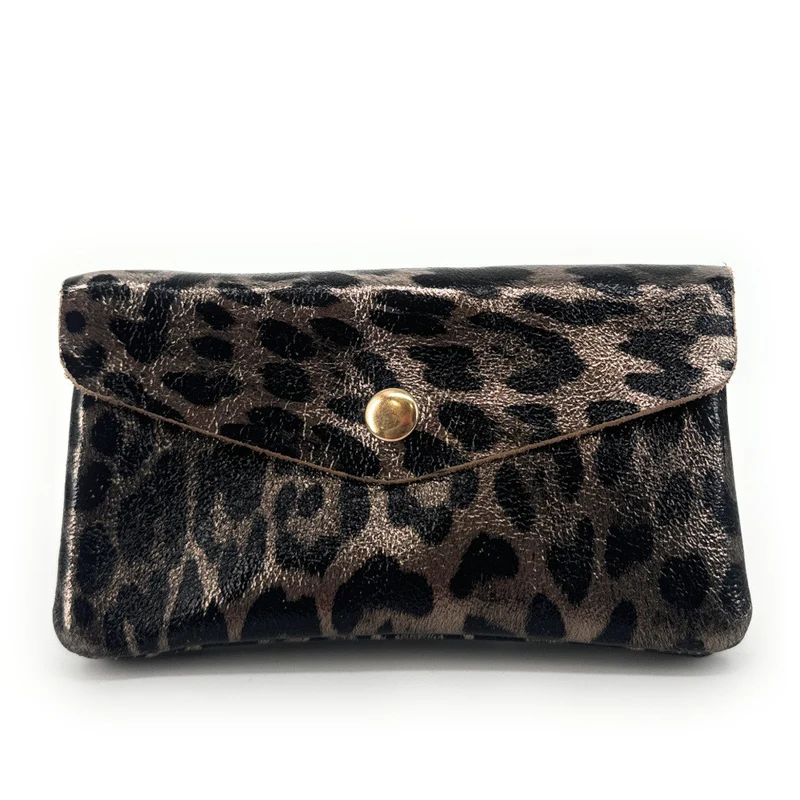 Pochette porte-monnaie en cuir irisé COMPO JUNGLE Léopard champagne