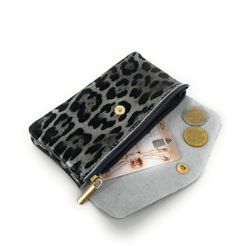 Pochette porte-monnaie en cuir irisé COMPO JUNGLE Léopard argent