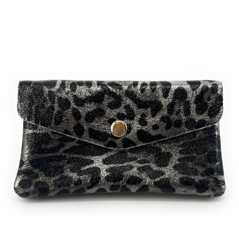 Pochette porte-monnaie en cuir irisé COMPO JUNGLE Léopard argent