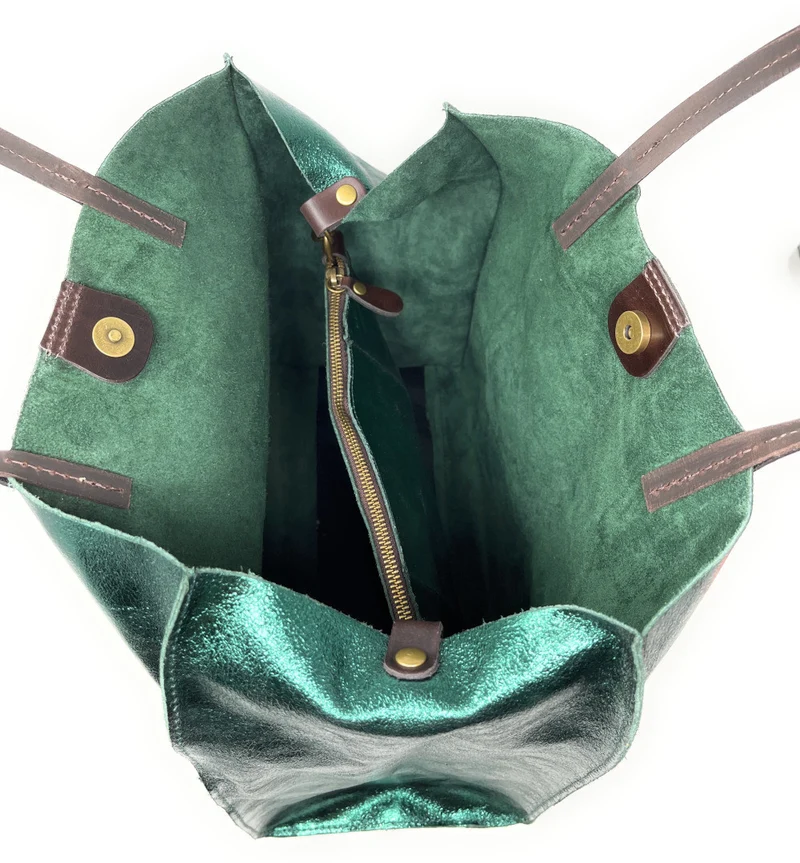 Sac cabas en cuir irisé SILVER Vert forêt irisé