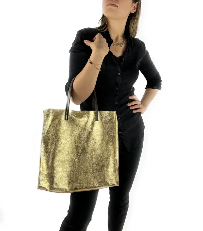 Sac cabas en cuir irisé SILVER Or pâle