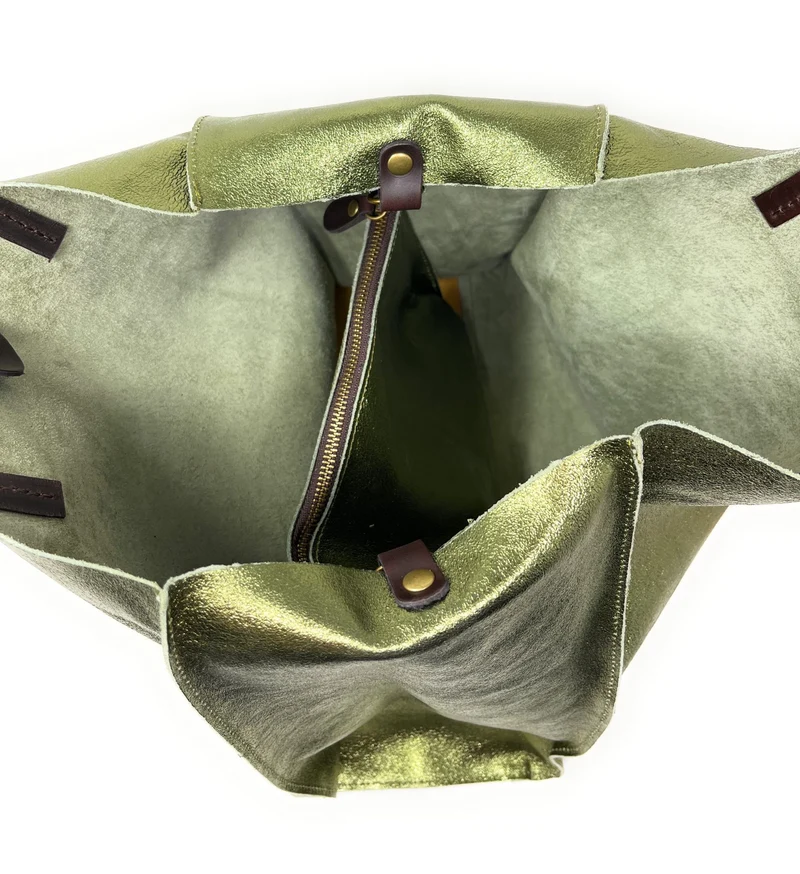 Sac cabas en cuir irisé SILVER Kaki irisé
