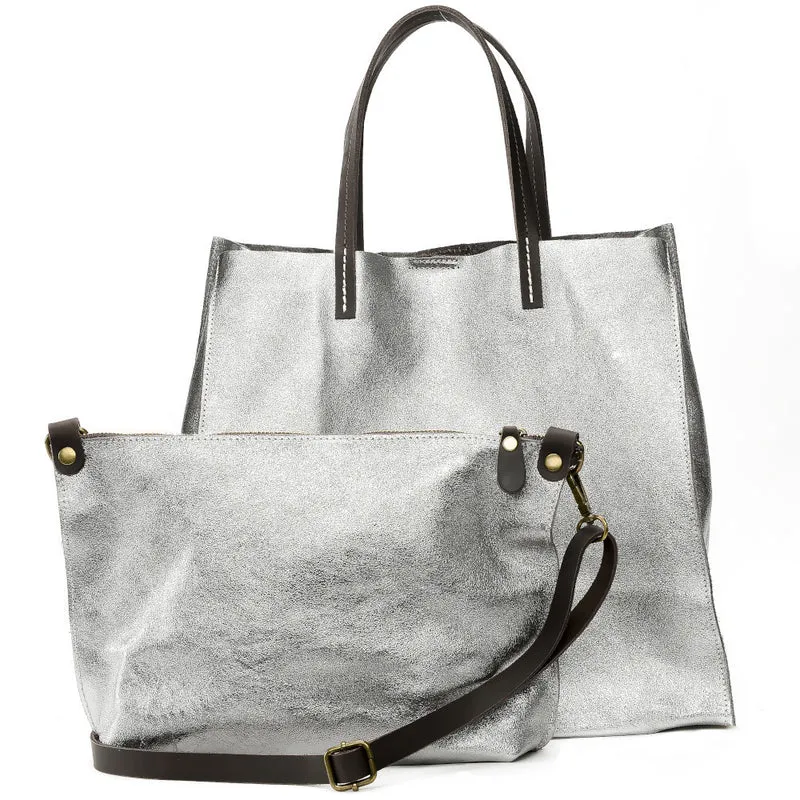 Sac cabas en cuir irisé SILVER Argent clair