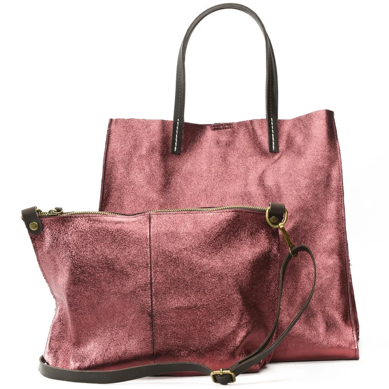 Sac cabas en cuir irisé SILVER Framboise irisé