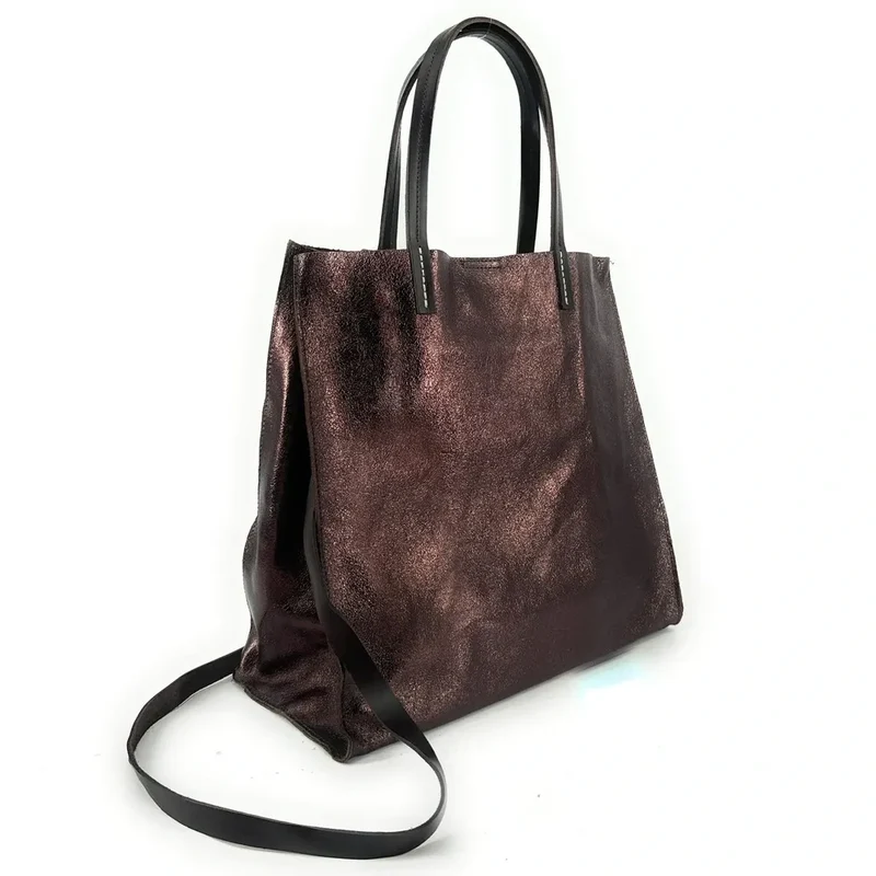 Sac cabas en cuir irisé SILVER Chocolat irisé