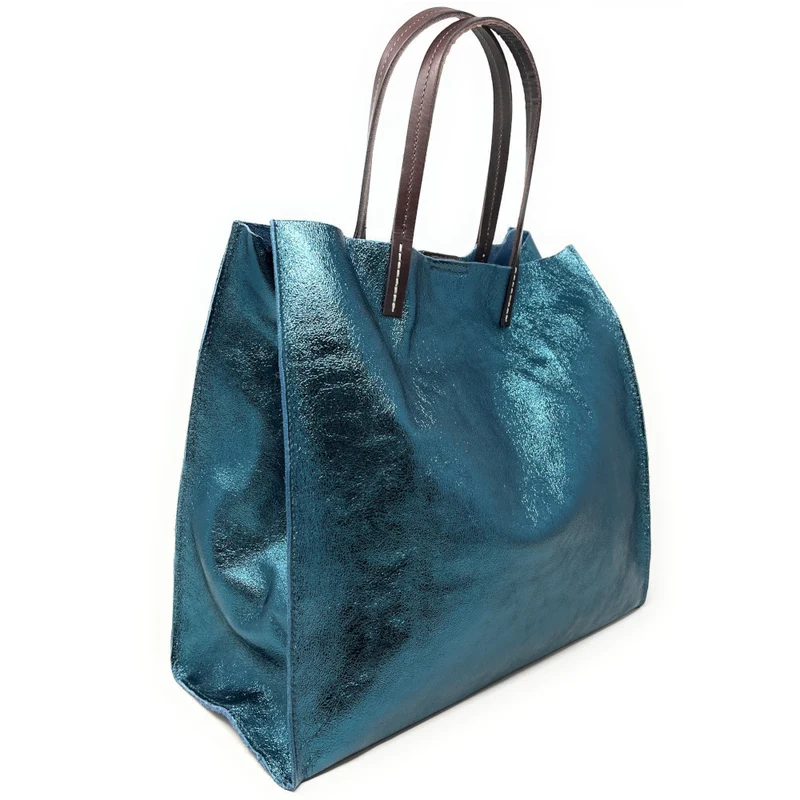 Sac cabas en cuir irisé SILVER Bleu paon irisé