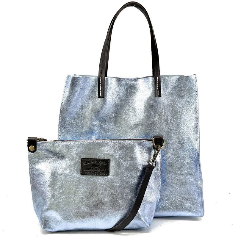 Sac cabas en cuir irisé SILVER Bleu pastel irisé