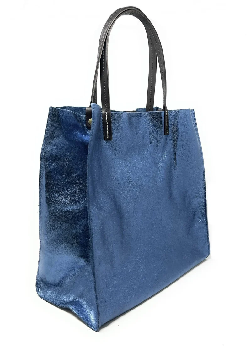 Sac cabas en cuir irisé SILVER Bleu céleste