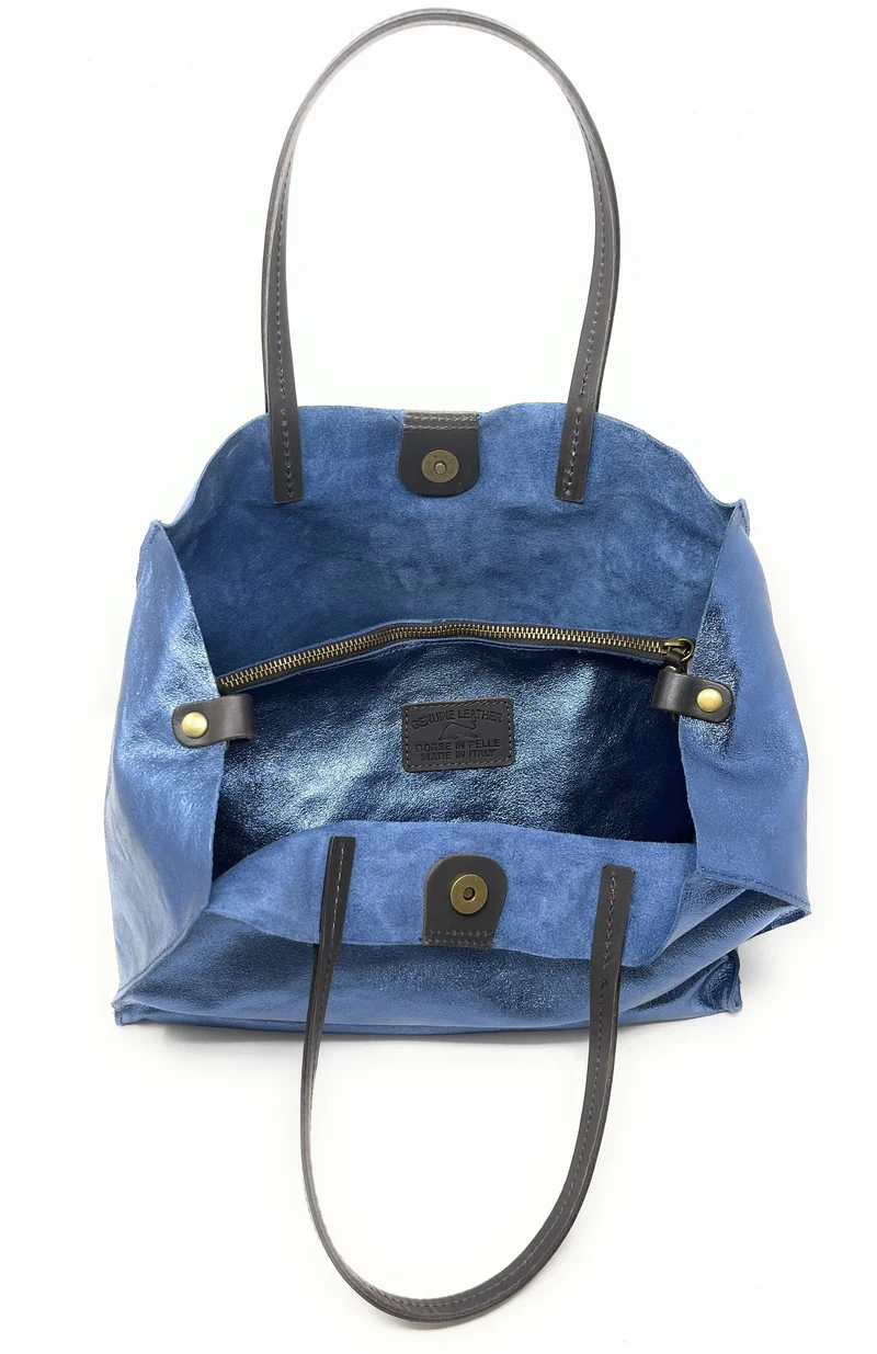 Sac cabas en cuir irisé SILVER Bleu céleste