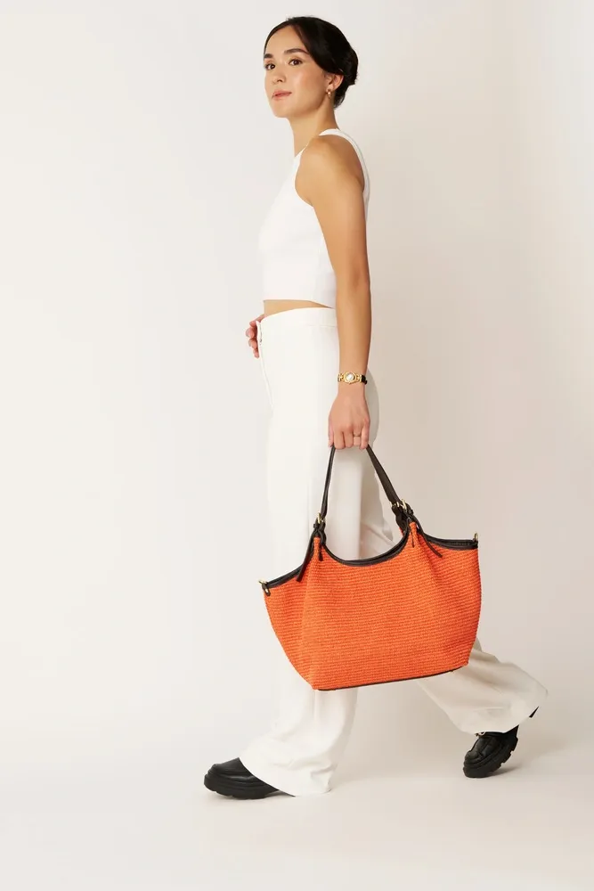 Sac cabas en cuir grainé et raphia IMPERIA Mandarine