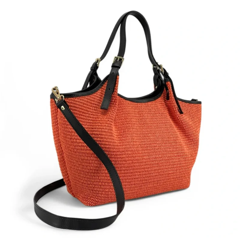 Sac cabas en cuir grainé et raphia IMPERIA Mandarine