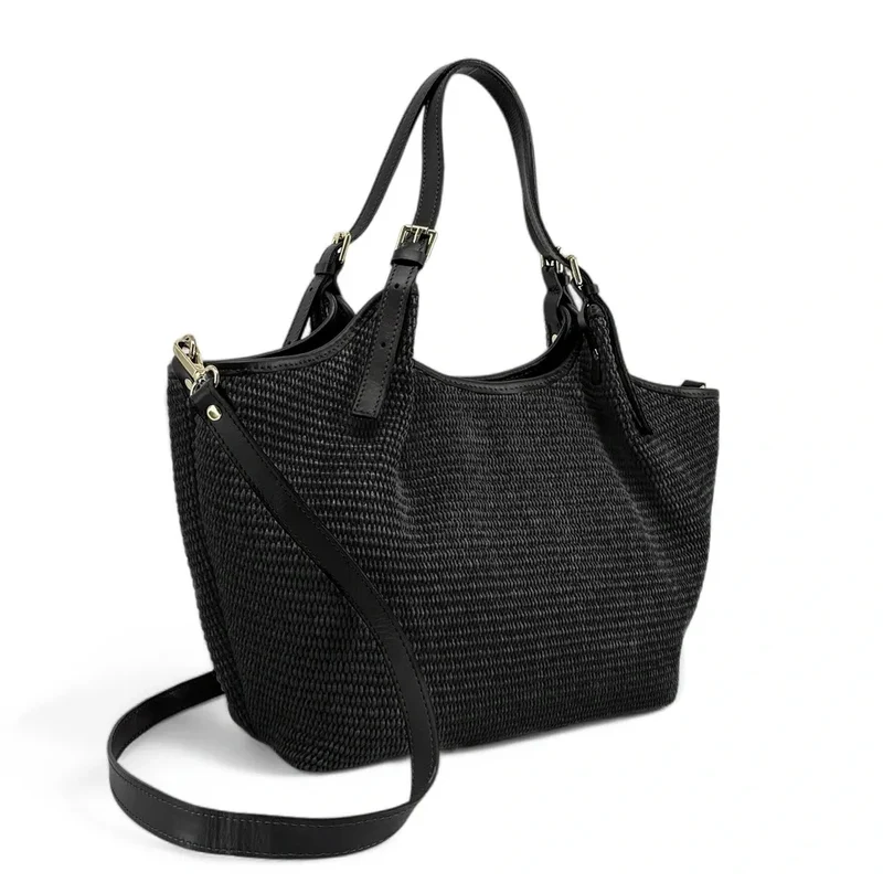 Sac cabas en cuir grainé et raphia IMPERIA Noir