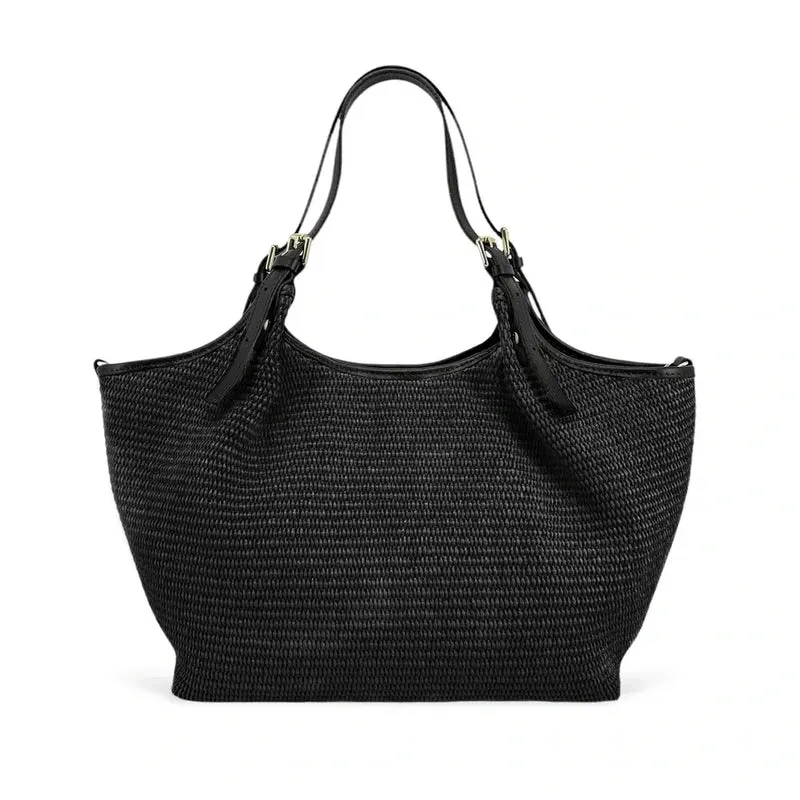 Sac cabas en cuir grainé et raphia IMPERIA Noir