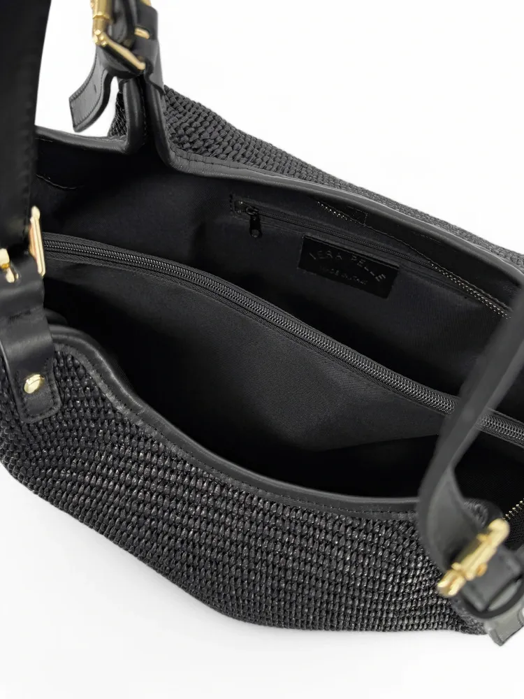 Sac cabas en cuir grainé et raphia IMPERIA Noir