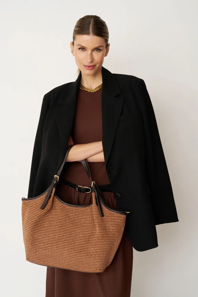 Sac cabas en cuir grainé et raphia IMPERIA Mocha mousse