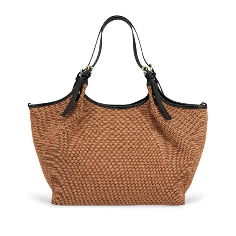 Sac cabas en cuir grainé et raphia IMPERIA Mocha mousse