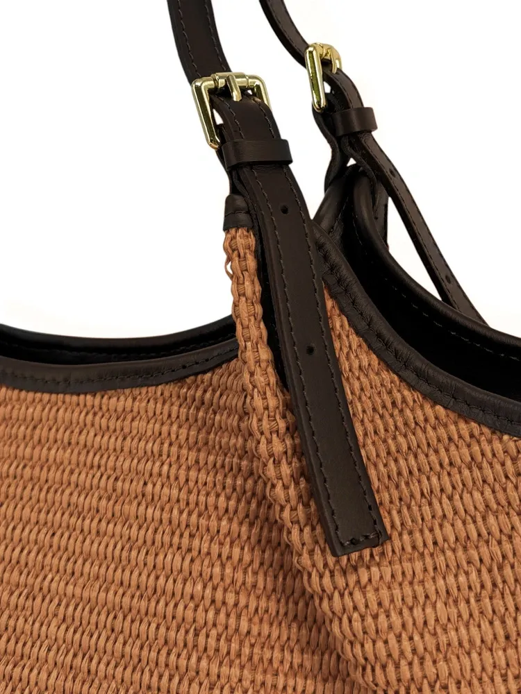 Sac cabas en cuir grainé et raphia IMPERIA Mocha mousse